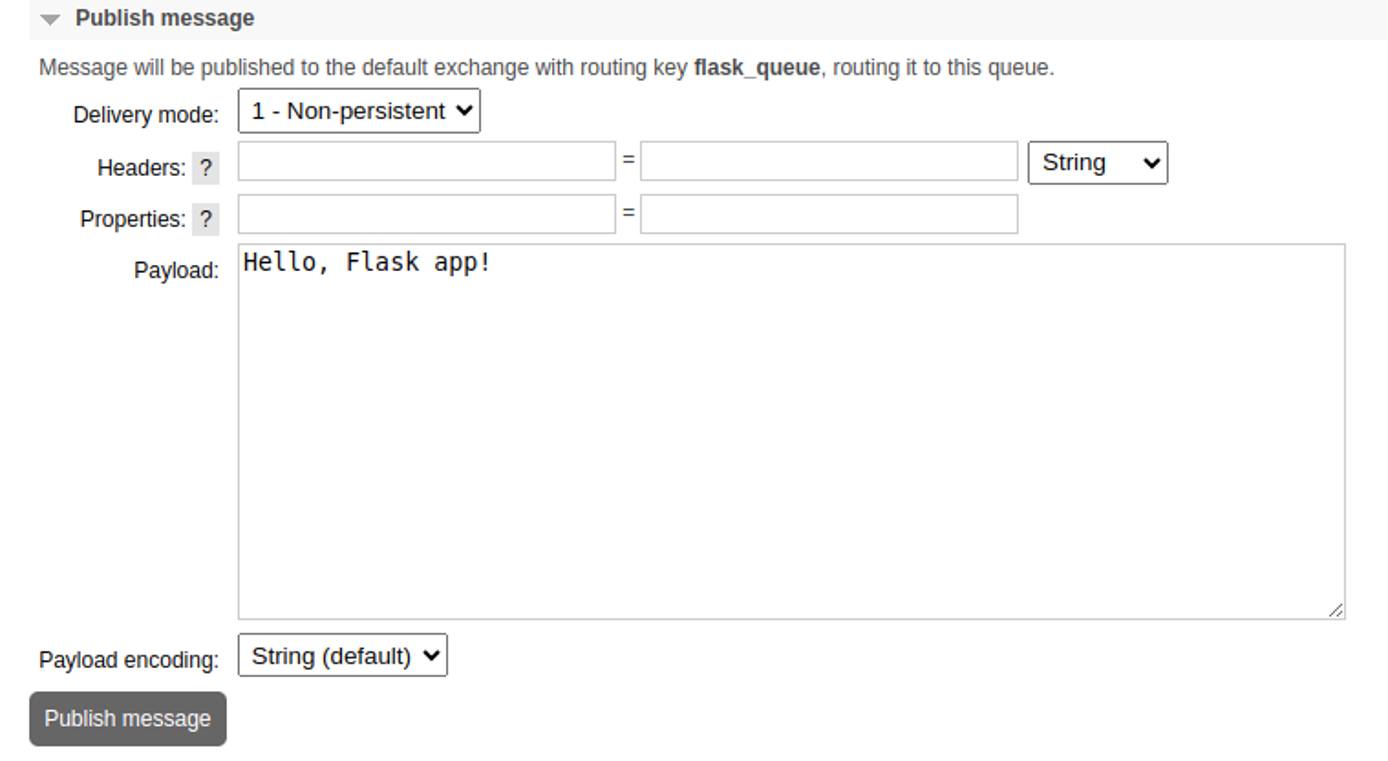 The RabbitMQ interface showing how to publish a message to a queue.
