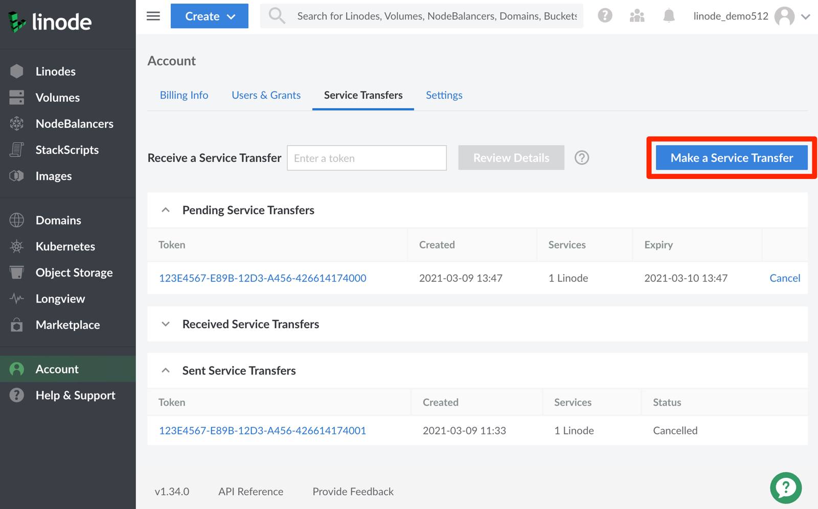 Selecting ‘Make a Service Transfer’ initiates a transfer request.